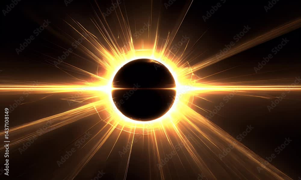  Black hole in space, total eclipse of the sun with black event horizon. Dark stars and cosmic dust swirling around supermassive body. Elements glowing in yellow light, 