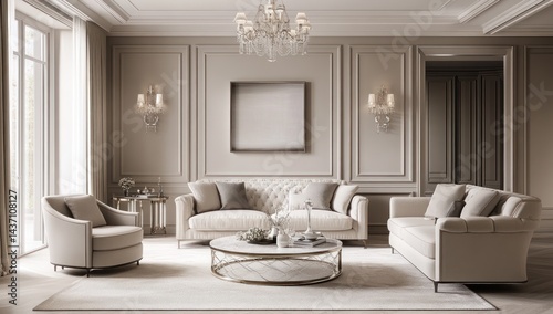 Elegant Living Room Interior Design: Luxurious Beige Furniture and Crystal Chandelier