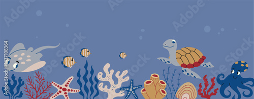 Sea ocean underwater animals ocean plant, coral and algae horizontal background, banner