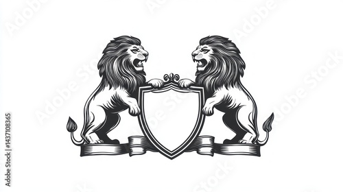 Two lions heraldic shield emblem, vintage style, white background, logo design photo