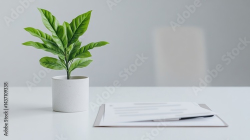 Green Plant with Documents Minimalist Style High-resolution image Flat lay composition Clean lines Ready for presentation Modern office setting Serene green tones Ideal for corporate branding