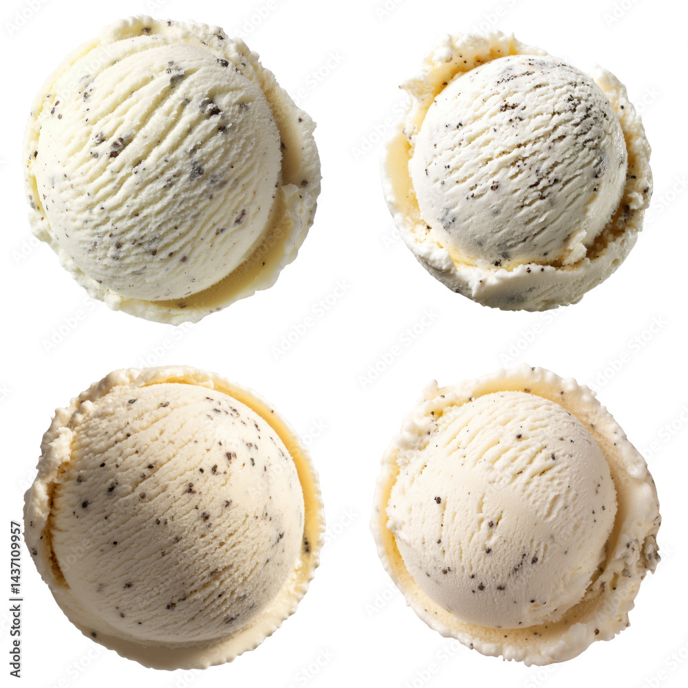 Vanilla Ice Cream Scoop, Black Specks, Top View Vanilla Ice Cream Scoop, Black Specks, Top View