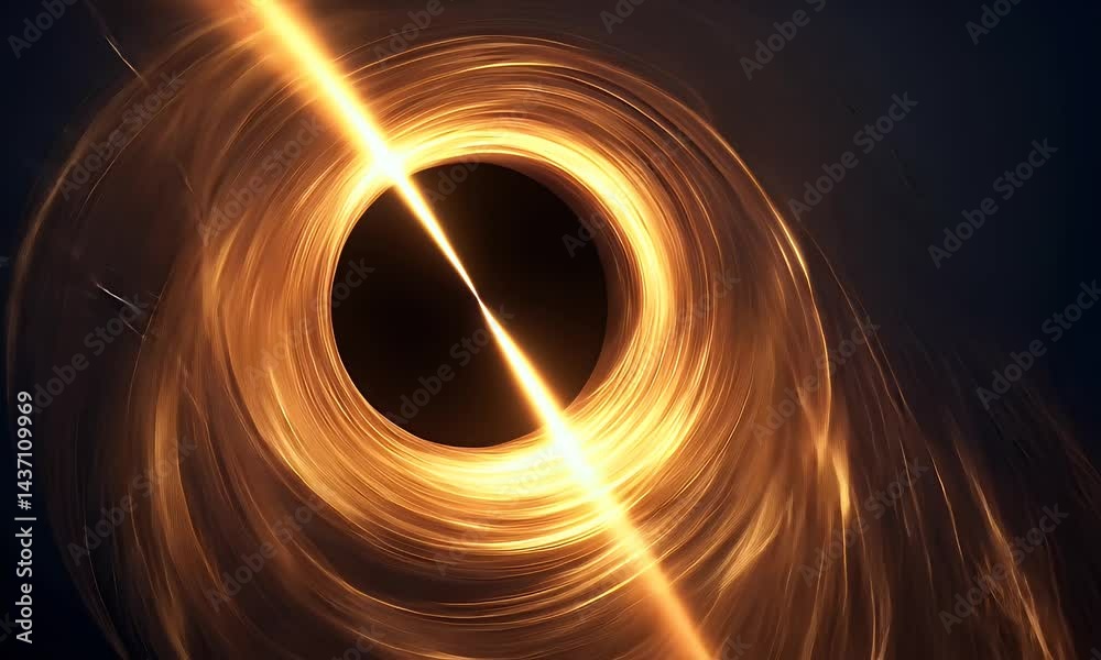  Black hole in space, total eclipse of the sun with black event horizon. Dark stars and cosmic dust swirling around supermassive body. Elements glowing in yellow light, 