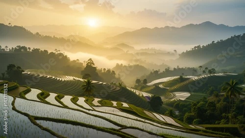 Terraced rice fields at dawn with mist rolling through mountains landscape view