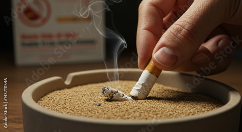 Hand putting cigarette in sand-filled ashtray