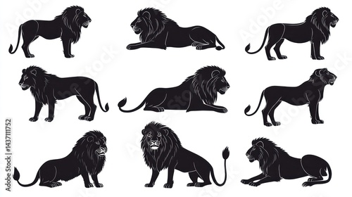 Nine lion silhouettes, various poses, white background, design element