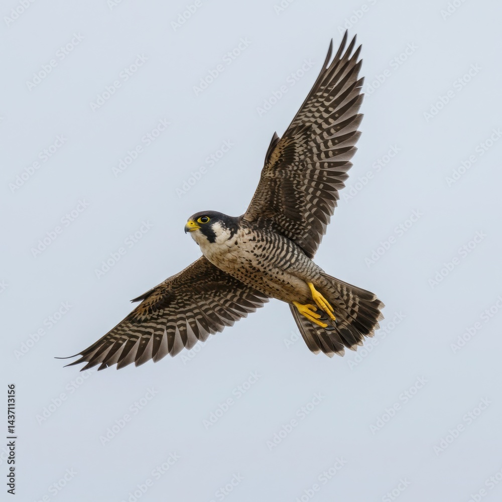 Fototapeta premium A peregrine falcon soaring through the sky with its wings spread wide against a clear background view