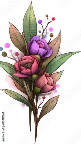 Elegant Floral Bouquet  Watercolor Eustoma  Eucalyptus  Berries  Wedding Invitation Design