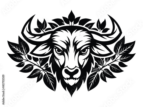 A wild tribal buffalo head vector illustration presents a powerful animal face, suitable as a tattoo design or symbolic art