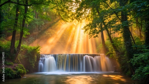 Tranquil Waterfall Surrounded by Lush Green Forest with Majestic Sunlight Beams
