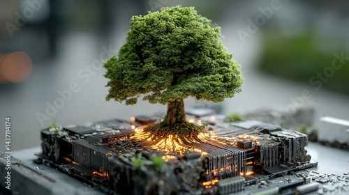 Green trees sprout from circuit boards that light. Tech-nature connection, advancement, and development are futuristic concepts. Generative Ai
