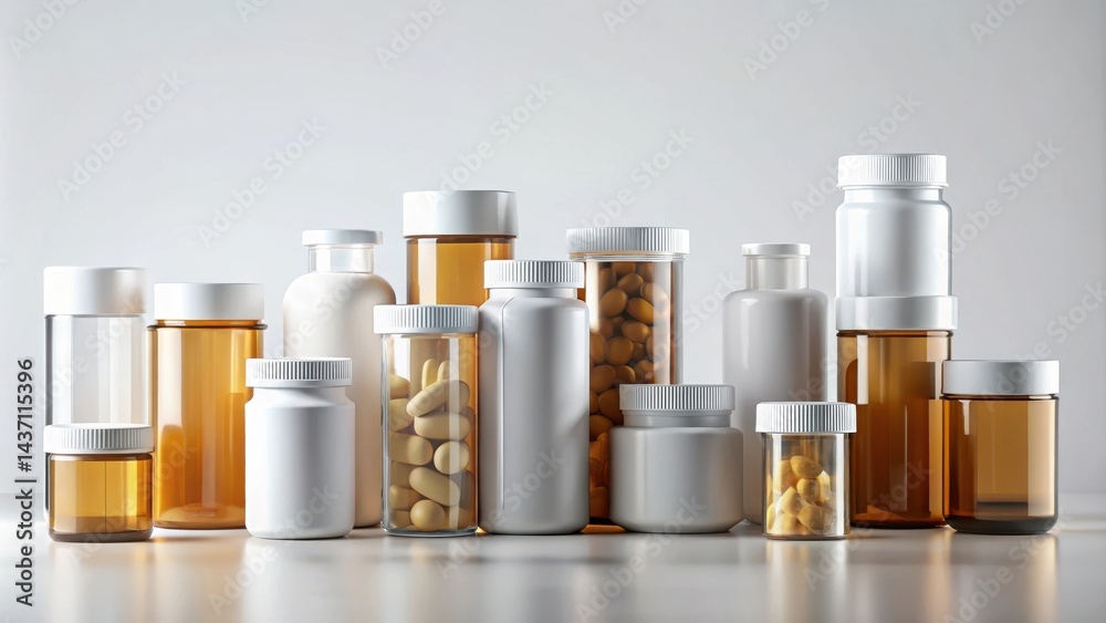 Collection of various sizes and shapes of amber and white medicine containers filled with pills and capsules Collection of various sizes and shapes of amber and white medicine containers filled with pills and capsules