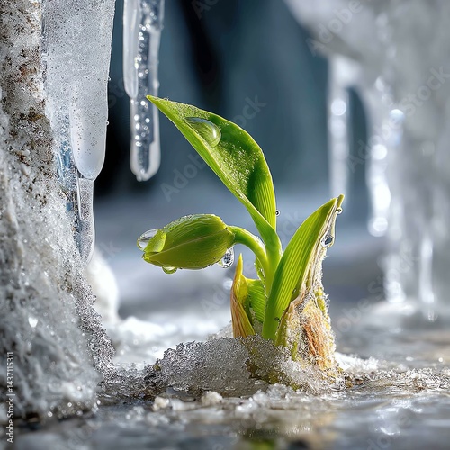 The cycle of life a young tree rises A resilient green plant emerges from icy surroundings, symbolizing hope and growth despite adversity in nature.