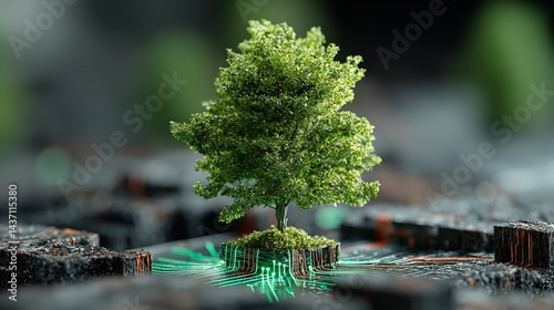 Green trees sprout from circuit boards that light. Tech-nature connection, advancement, and development are futuristic concepts. Generative Ai