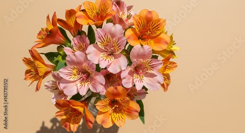 Present seasonal floral beauty delicate bouquet of alstroemeria flowers isolated on beige background arranged flat lay style perfect Mother’s Day Valentine’s Day spring holiday greeting cards