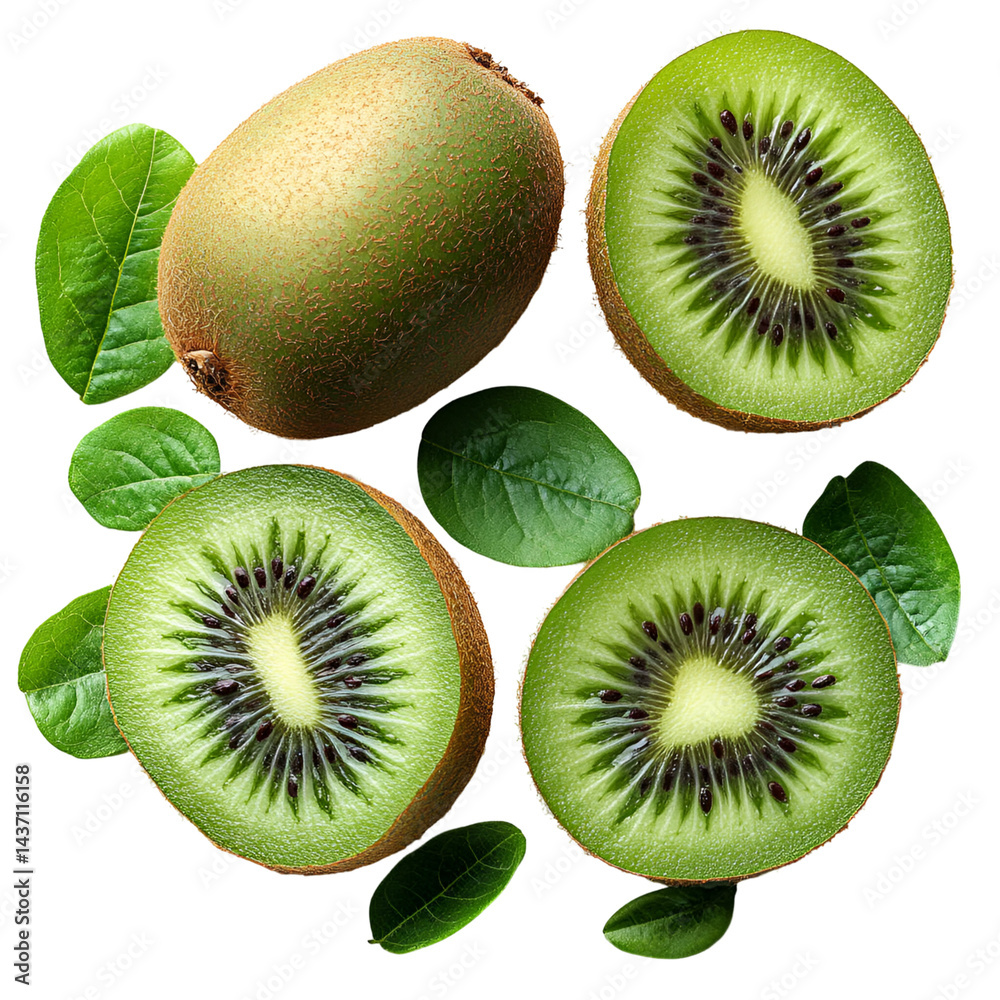 Fototapeta premium Freshly cut kiwis composition showing green interiors and close up detail