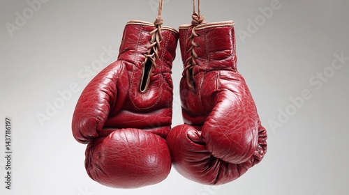 Vintage crimson boxing gloves suspended in preparation for the next bout