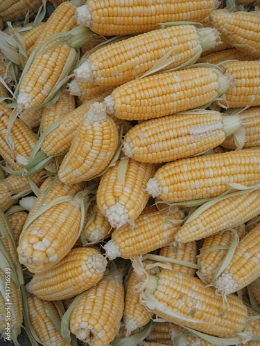 A pile of fresh, golden corn on the cob. Ready to be shucked and enjoyed!