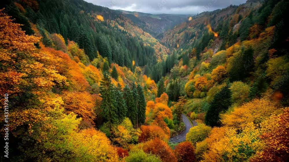 Scenic aerial view of a winding road through a valley with colorful deciduous trees and evergreen conifers during vibrant autumn season.