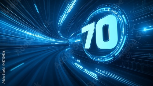 Number 70, digital speed, futuristic tunnel, data stream, anniversary