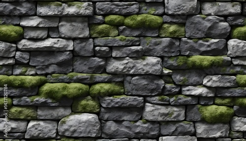 Seamless Mossy Stone Wall Texture Rustic Grey and Green Rock Background Building Facade