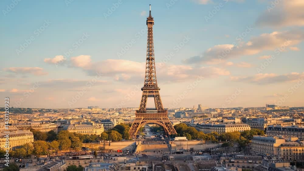 Romantic Shot of the Eiffel Tower Bathed in Warm Sunlight, Capturing the Timeless Elegance and Global Symbolism of French Culture