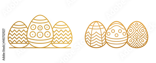 A collection of three Easter eggs in golden silver and bronze hues beautifully adorned is displayed on a gray backdrop perfect for adding text or other elements This contemporary and restrained Easte
