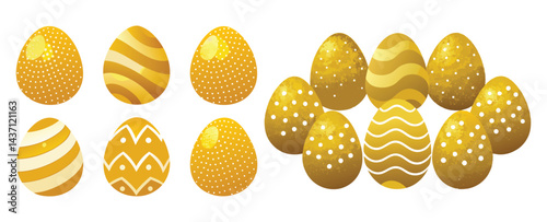 A collection of three Easter eggs in golden silver and bronze hues beautifully adorned is displayed on a gray backdrop perfect for adding text or other elements This contemporary and restrained Easte