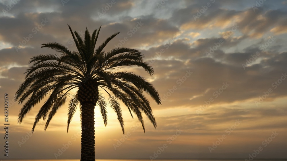 Obraz premium Silhouette of a palm tree against a vibrant sunset sky, with clouds reflecting warm hues of orange and yellow.