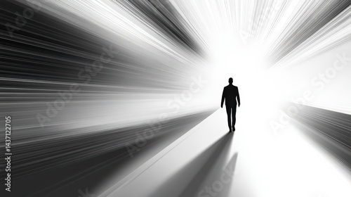 A solitary figure walking towards a bright light in a surreal, abstract environment
