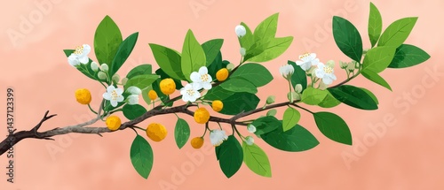 Blooming Branch  White Flowers  Yellow Fruit  Green Leaves  Spring  Nature  Botanical Illu