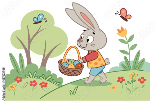 Charming Bunny Rabbit Illustration for Spring , Cute Cartoon Art with Basket, Nature-Inspired Design