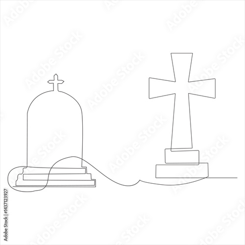 Continuous  memories single line sketch drawing of spooky horror scary gravestone grave cemetery .