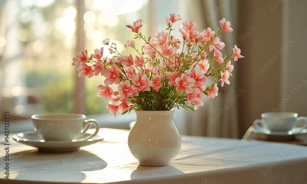 Floral Still Life with Tea Cups and Subtle Golden Light, a Study in Calm and Harmony, Soft Focus and Delicate Beauty of Everyday Moments Floral Still Life with Tea Cups and Subtle Golden Light, a Study in Calm and Harmony, Soft Focus and Delicate Beauty of Everyday Moments