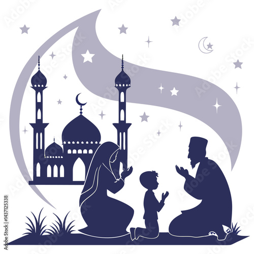 Islamic Prayer Scene Vector Art - Family Praying in Front of Mosque, Crescent Moon & Lanterns, Editable High-Quality Illustration