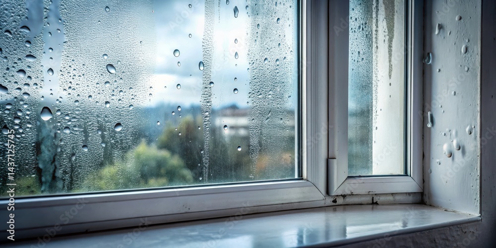 Naklejka premium Condensation on windowpane reveals blurred outdoor scene and hints of moisture damage on the windowsill