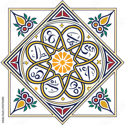 Islamic Geometric Art Vector - Ornate Design with Arabic Calligraphy and Floral Motifs, Editable High-Quality Illustration for Cultural and Religious Themes