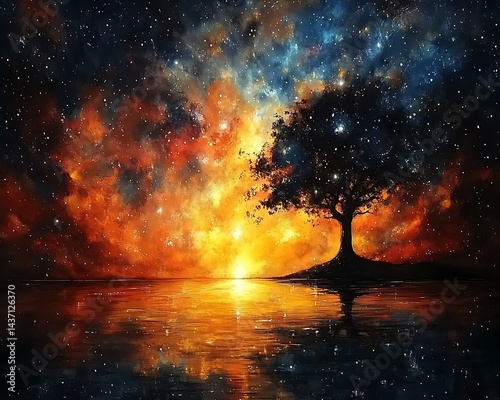Solitary tree silhouetted against a vibrant, cosmic sunset reflected in calm water