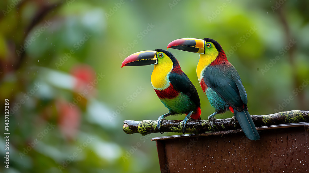 Obraz premium Two vibrant toucans perched on a branch amidst a lush green background in a tropical setting