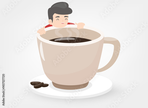 The man embraces a big cup of coffee with enjoyment. A man sits with his eyes closed and happily inhales the aroma of coffee. Body-positive and healthy eating habits concept. Vector illustration