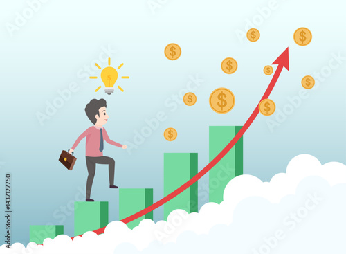 Businessman running along a growth graph moving to career success and business growth. Finance statistics and analytics. Businessman looking forward. successful way. vector illustration.