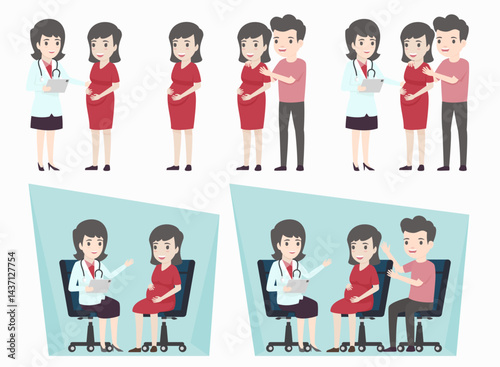 Pregnant woman set character. Visits to the doctor by pregnant women and their husbands. vector illustration.