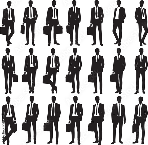 Set of Businessmen Silhouettes in Elegant Suits with Briefcases