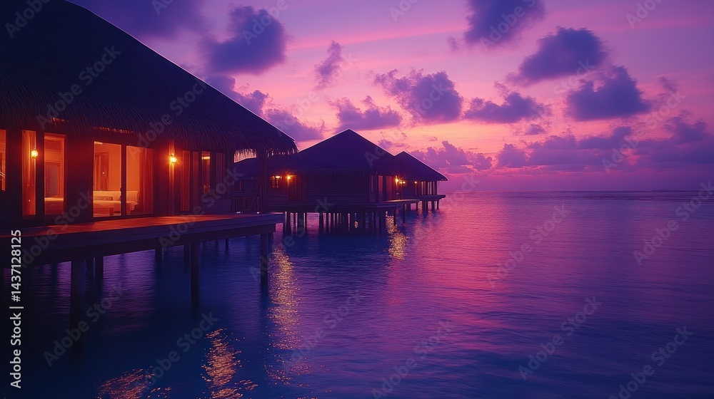 Fototapeta premium Sunset over overwater bungalows