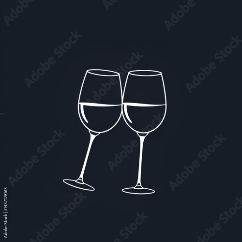 Simple outline of two wine glasses clinking, symbolizing the elegance and intimacy of a romantic evening, symbolizing celebration and closeness