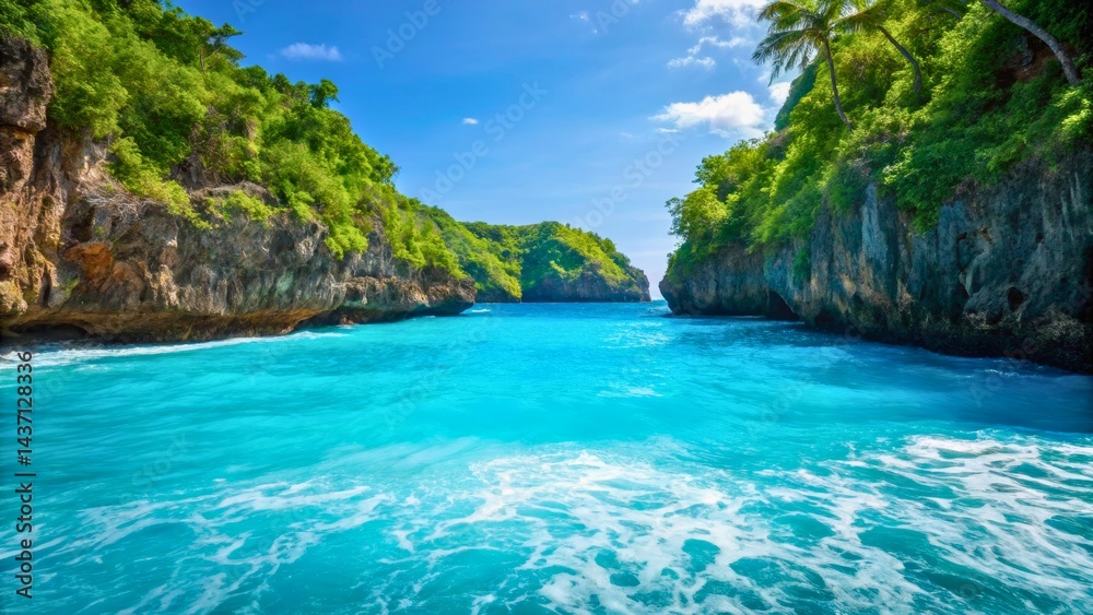 Serene Tropical Bay with Clear Turquoise Water and Lush Green Cliffs Under Blue Sky