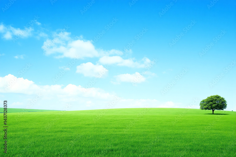 Obraz premium field of green grass under a blue sky with white clouds