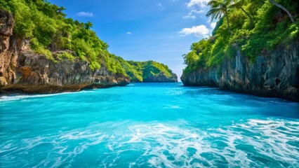 Leinwandbilder Türkis Serene Tropical Bay with Clear Turquoise Water and Lush Green Cliffs Under Blue Sky  © ole