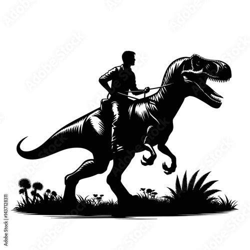 men riding dinosaur  silhouette black color vector isolated white background