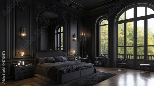 Dark Bedroom, French Mansion, Green Garden View, Interior Design